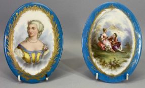 SEVRES STYLE OVAL PORCELAIN PLAQUES (2) - having blue outer borders with gilt reeds and central