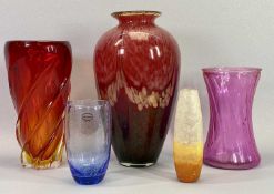 SHUDEHIL & OTHER COLOURFUL GLASS VASES (5), 32cms H the tallest bearing 'Shudehil' label
