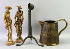 COOPERED OAK & BRASS JUG, brass telescope stand and a pair of modern composition Japanese figures,