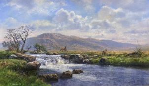 PHILIP STANTON oil on canvas - landscape with mountain range backdrop having a stag, deer and