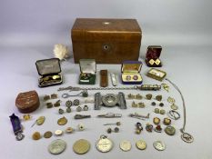 VICTORIAN WALNUT LIDDED BOX - containing silver, gold tone and other gentleman's cufflinks and
