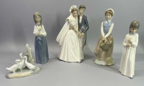 NAO PORCELAIN FIGURINES (5) - to include a Bride and Groom group, 27cms H