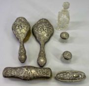 EMBOSSED SILVER 3 PIECE DRESSING TABLE HAND MIRROR & BRUSH SET, three silver topped glass storage