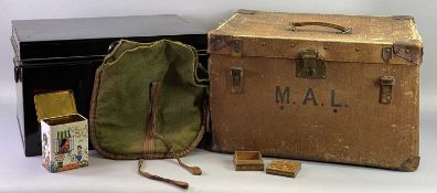 LARGE METAL DEED BOX, locking with key and a canvas type trunk initialled 'M A L', ETC, 31cms H,