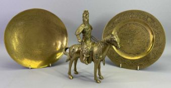 CHINESE BRASS ORNAMENTAL WARE including a warrior seated on a horse, 24.5cms H, 21cms L, circular