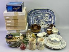 COLLECTOR'S WALL PLATES, some boxed, blue and white meat platters, Victorian copper lustre,
