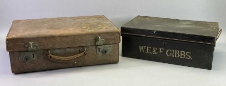 VINTAGE LEATHER SUITCASE initialled 'I M B' and a twin-handled tin document box marked 'W E & E