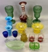 VICTORIAN & LATER COLOURFUL GLASSWARE, mainly moulded including Uranium glass scent bottle with