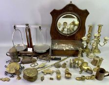VICTORIAN & LATER BRASS, OTHER METALWARE, beam scales and an oak framed hall mirror with lower glove