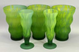 GREEN ART GLASS VASES (5) - with mottled decoration to include a matching group of three, 24cm