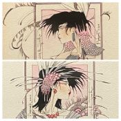 J C ILLINGWORTH prints, a pair - stylised portraits, 14 x 14cms