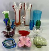 ART & OTHER COLOURFUL & DECORATIVE GLASSWARE and a ship's type cut glass decanter with stopper