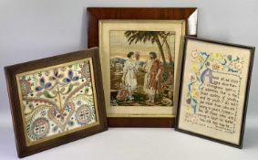 FRAMED NEEDLEWORK PANELS (3) - to include a mahogany framed woolwork panel of a shepherd and a young