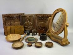 VARIOUS WOODEN PLAQUES, BOWLS & OTHER UTENSILS with a carved pine dressing table mirror, 47cms H,