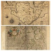 JOHN SPEED antiquarian map of Anglesey in black and white, 41 x 55cms and another antique engraved