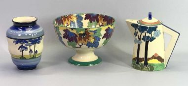 ROYAL DOULTON 'GLORIA' PEDESTAL FRUIT BOWL and two items of Clarice Cliff style pottery by the