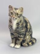 SEATED WINSTANLEY POTTERY TABBY CAT WITH GLASS EYES - 29.5cms H