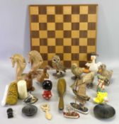 WOODEN CHESS BOARD, wood and other collectable figurines, miniature boats and other items of