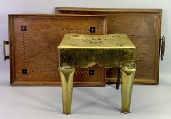 ANTIQUE PIERCED BRASS FOOTMAN and two oak twin-handled trays