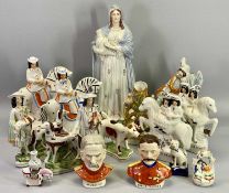 STAFFORDSHIRE FLATBACKS & OTHER POTTERY COLLECTABLES GROUP including a pair of colourful busts