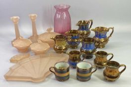 ART DECO PINK GLASS DRESSING TABLE SET, Cranberry glass vase and a collection of copper lustre