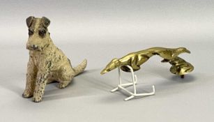 BRASS GREYHOUND CAR MASCOT and a painted spelter table lighter in the form of a terrier, 19cms L and