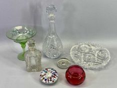 CUT, COLOURFUL & OTHER GLASSWARE & PAPERWEIGHTS to include a decanter with stopper, 32cms H, waisted