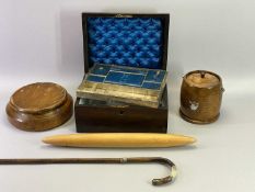 VICTORIAN WALNUT SEWING/JEWELLERY BOX, vintage walking stick with silver mounts and three other