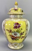 DRESDEN PORCELAIN GLOBULAR JAR & COVER - having gilt framed panels of hand painted flowers and