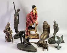 REPRODUCTION CAST BRONZE & COMPOSITION BRONZED EFFECT SCULPTURES & ONE OTHER of a colourful clown,