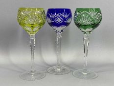 3 LONG STEM COLOURED & CUT LEAD CRYSTAL WINE GLASSES - 21cm heights