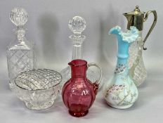 VICTORIAN SATIN GLASS JUG, cut glass and other decanters, claret jug with plated metal mounts,