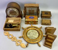 SMITHS ART DECO STYLE OAK MANTEL CLOCK, another Smiths mantel clock, treen bookends, love spoon,