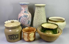 POTTERY MIXING BOWLS (2), stone ware bread crock, West German and other pottery planters and a