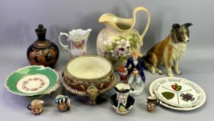 MAJOLICA STYLE SALAD BOWL, large floral decorated jug, Jemma collie dog, Doulton and other mini