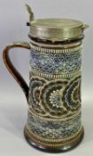 DOULTON LAMBETH STONEWARE JUG - with silver plated spout and thumb lift lid, 27cms overall H