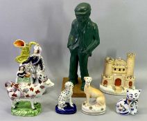 VICTORIAN STAFFORDSHIRE FIGURINES, dogs and spill holders, lustre cow creamer and a modern pottery