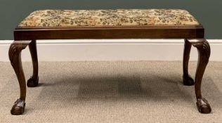 MAHOGANY DUET MUSIC STOOL with upholstered top, on ball and claw feet, 51cms H, 105cms W, 44cms D