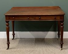 VICTORIAN MAHOGANY WRITING TABLE with railback and two drawers, on turned supports and castors,