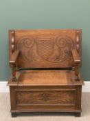 VINTAGE CARVED OAK MONK'S BENCH, 73cms H, 92cms W, 48cms D (closed)