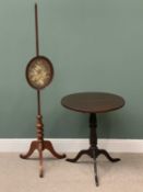 VICTORIAN MAHOGANY POLE SCREEN, 175cms H and an ANTIQUE OAK CIRCULAR TILT TOP TRIPOD TABLE, 76cms H,