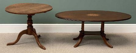 ANTIQUE OAK CIRCULAR TILT TOP TRIPOD TABLE, 60cms H, 71cms diameter and a REPRODUCTION MAHOGANY OVAL