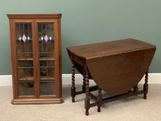 BARLEY TWIST OAK GATE LEG TABLE, 73cms H, 51cms W, 104cms D and a LEADED & STAINED GLASS WALL
