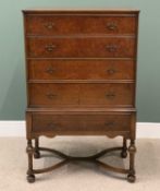 REPRODUCTION BURR WALNUT CHEST of five long drawers, on turned and ball supports with cross-