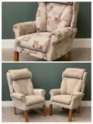 A PAIR OF GOOD MODERN EASY CHAIRS - light wood and upholstered and A MODERN FLORAL & ABSTRACT