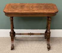 VICTORIAN BURR WALNUT FOLDOVER CARD TABLE baize lined interior with turned stretcher on carved