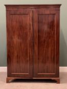 VICTORIAN MAHOGANY TWO DOOR WARDROBE with dentil moulding cornice on shaped bracket supports and a