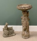 STONEWARE GARDEN ORNAMENTS - lady on a bench, 39cms H, 35cms W, 19cms D and a lady column bird bath,