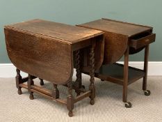 VINTAGE OAK BARLEY TWIST GATE LEG TABLE, 73cms H, 122cms W (open) and a similar era TEA TROLLEY with
