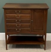 CIRCA 1910 MAHOGANY 5 DRAWER MUSIC SHEET CABINET with side cupboard, on tapered supports, 84cms H,